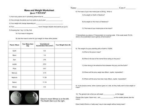 Mass and weight worksheet