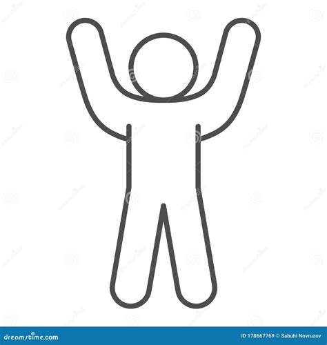 Stick Figure Cheering With His Hand Up Thin Line Icon Man With Arms Up