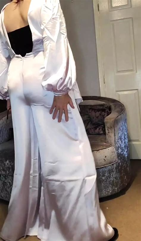 hot crossdresser is gorgeous white satin jumpsuit xhamster