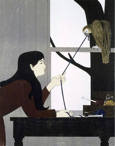 A Woman Sitting At A Desk With A Bird On Her Shoulder And Knitting Needles In Front Of Her