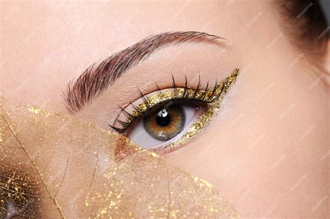 Macro Opname Van Schoonheid Vrouwelijk Oog Met Gouden Eyeliner Make Up