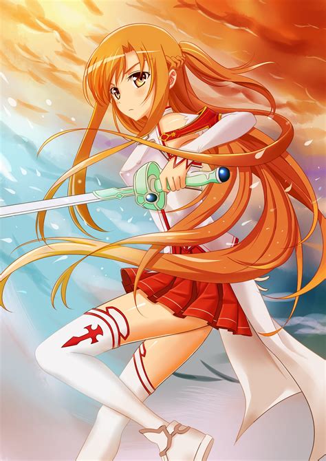 Redhead Orange Eyes Women With Swords Long Hair Yuuki Asuna Sword