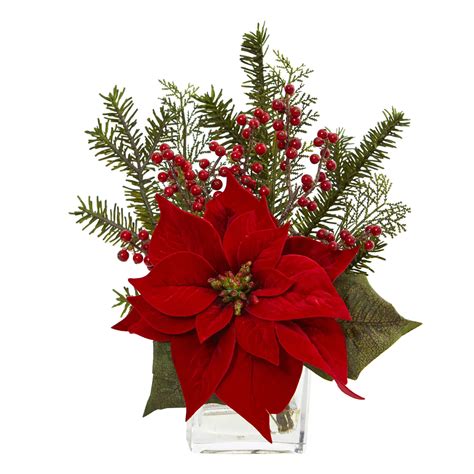 Situated In A Glass Vase This Realistic Artificial Poinsettia