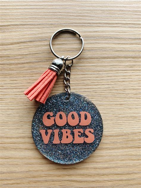 Good Vibes Keychain Acrylic Keychain Glitter Blue Coral Etsy In 2020