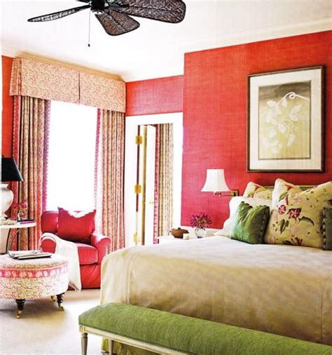 Red And Green Eclectic Bedroom Design With Pink Grasscloth Grass Cloth