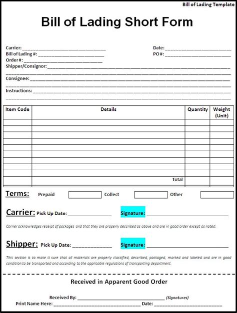 Straight Bill Of Lading Template Excel