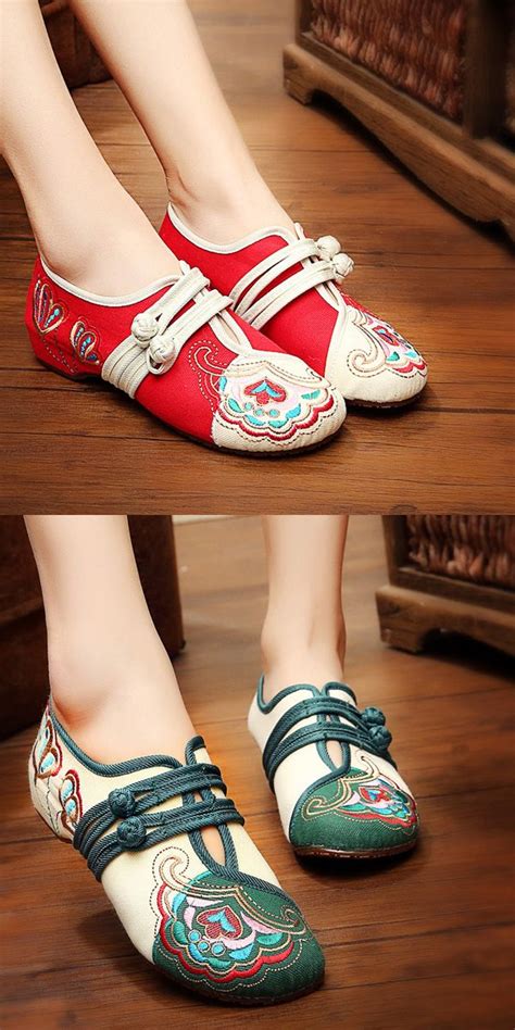 Vintage Chinese Embroidered Flower Mary Janes Buckle Casual Flat