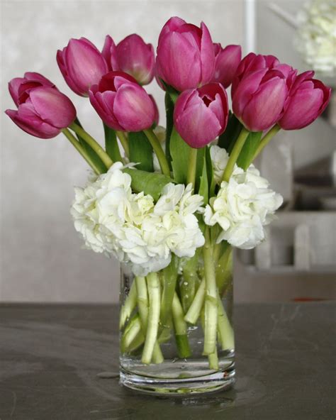 White Hydrangea Purple Tulips Centerpiece Bouquet Wedding Flower