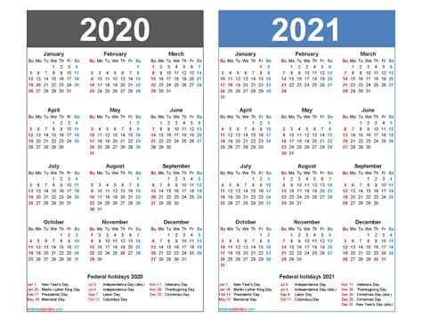 2020 And 2021 Calendar Printable Word Pdf Free