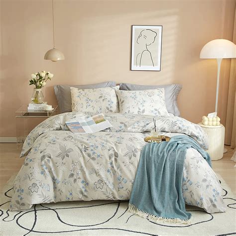 Vclife Twin Cotton Duvet Cover Sets Boho Floral Beige Grey Blue Bedding