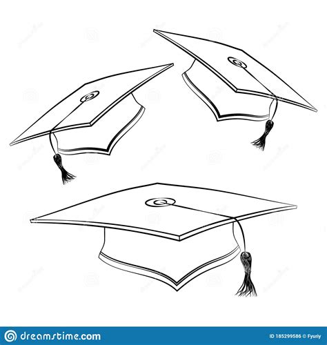 Black Line Student Caps Sketch Of Graduation Hat Academic Celebration