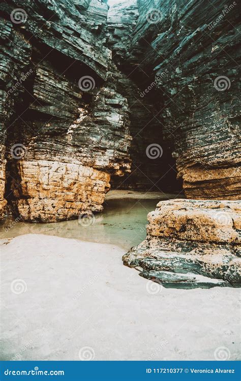 Beach Of The Cathedrals With Large Stones Of Ribadeo Spain Stock Image