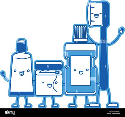 Toothpaste And Dental Floss And Mouthwash And Toothbrush In Cartoon Holding Hands In Blue