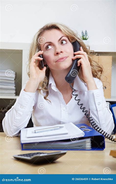 Woman Using Two Phones Stock Image Image Of Burnout 26036459