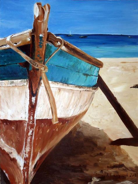 Original Painting Canvas Seascape Boat Rustic By