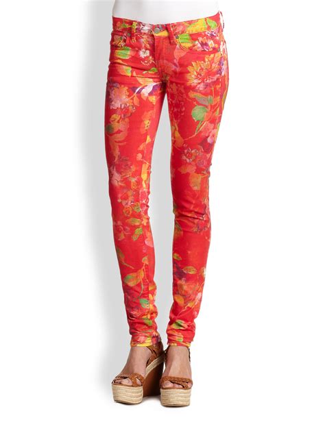 lyst ralph lauren blue label floral print skinny jeans in red