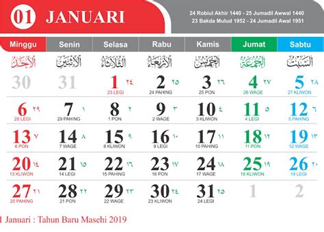 Kalender hijriah 2019 (page 1). Download Kalender 2019 lengkap tanggalan Jawa, Hijriyah ...