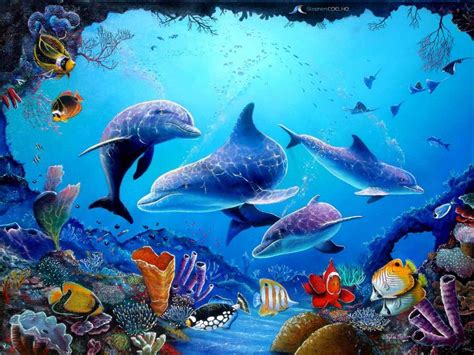 Animal Dolphin Fish Sea Seawater Blue Digital Art Wallpaper