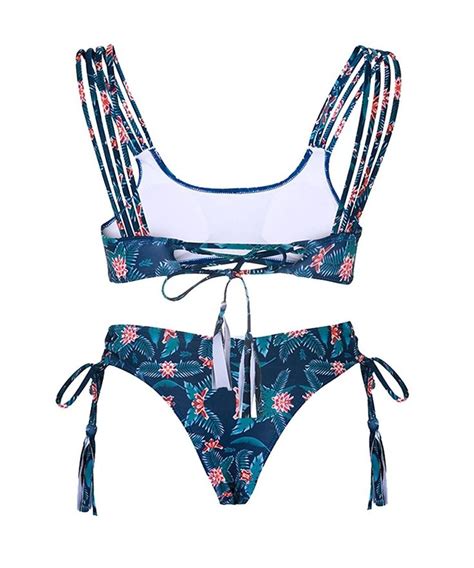 Floral Print Tassel Bikini Set Strappy Tie Back Bottom Swimsuit For