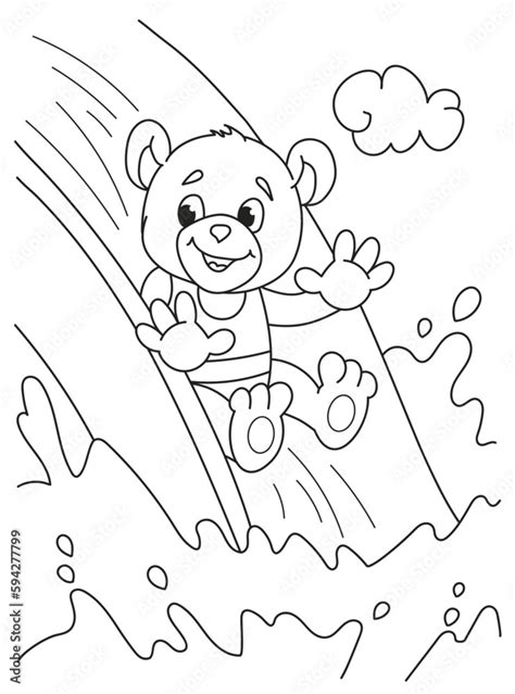 Coloring Page Outline Of The Cartoon Cute Baby Bear On The Water Slide Colorful Vector