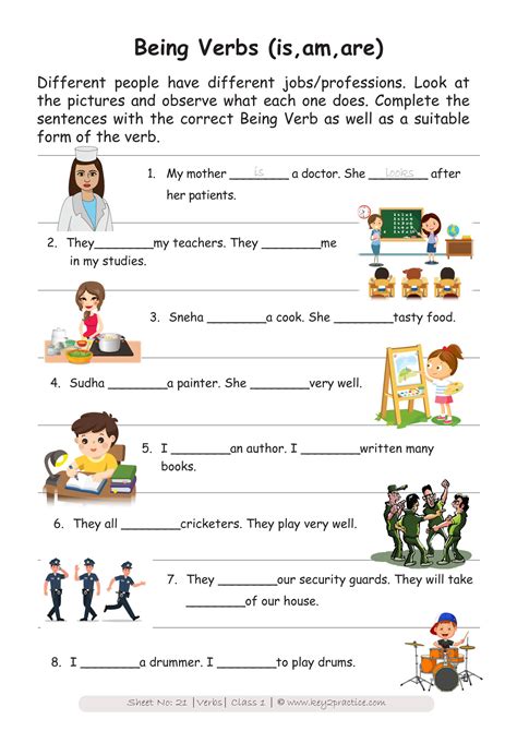 There are some sample worksheets below each section to provide a sense of what to expect. English Worksheets Grade 1 Workbook on Verbs - key2practice