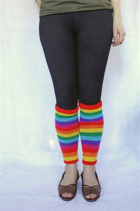 80s Vintage Rainbow Leg Warmers Colorful Striped Leggings Yarn Knit Bold Fashion Boho Style