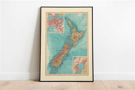 Geographical Map Of New Zealand Map Wall Decor Vintage Map Etsy Map