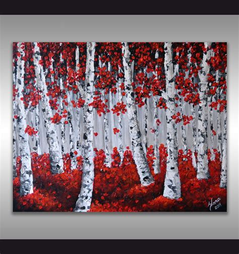 Original Art Modern Red Birch Trees Painting Aspen By Zarasshop Birch