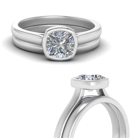 Bezel Cushion Cut Solitaire Wedding Ring Set In 950 Platinum Fascinating Diamonds