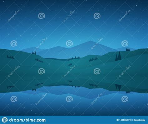 Flat Cartoon Night Mountain Lake Landscape With Reflection And Stars On