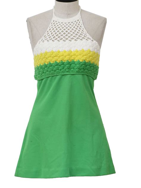 1970's Vintage Missing Label Mini Dress: 70s -Missing Label- Womens green, white and yellow ...
