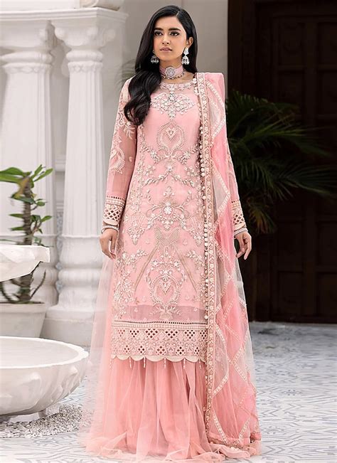 Buy Pink Net Embroidery Palazzo Suit Party Wear Sequins Embroidered Palazzo Suit Online