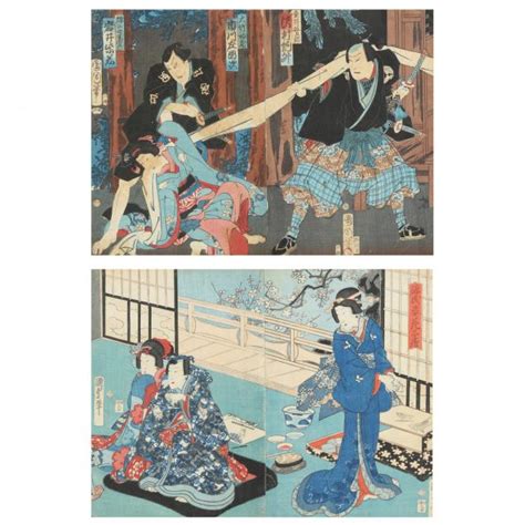 Two Edo Period Japanese Woodblock Print Diptychs Lot 2137 English
