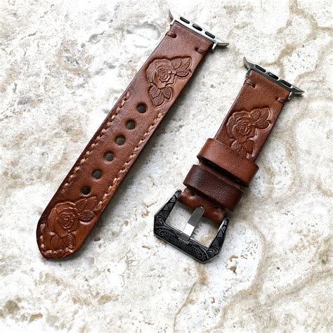 Apple Watch Rose With Leafs Tooled Embossed Handmade Dark Brown Leather