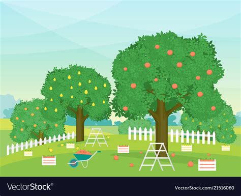 Cartoon Autumn Rural Garden Outdoor Scene Vector Image