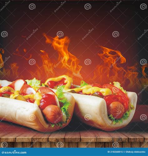 Hot Dog On The Table Against The Background Of Fire Stock Image Image