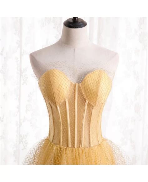 Yellow Mesh Tulle Ballgown Corset Prom Dress Strapless Mx16121