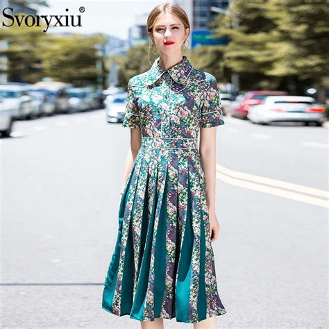 Svoryxiu Runway Summer Vintage Pleated Midi Dress Womens Fashion Short