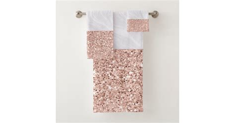 White Marble Dipped In Faux Rose Gold Glitter Bath Towel Set
