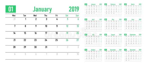 Kalenderplanerschablone 2019 Alle 12 Monate Vektor Abbildung