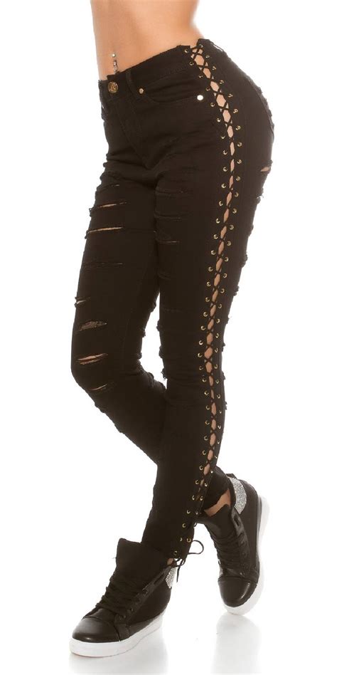 Sexy KouCla Skinny Jeans Used Look Lacing
