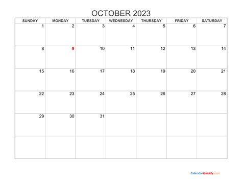 Printable October 2023 Calendar Big Dates Pelajaran