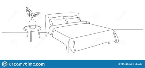 Continuous One Line Drawing Of Double Bed And Table With Vase And Plant