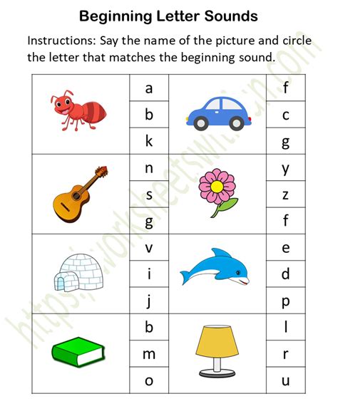 English Preschool Initial Sound Worksheet 1 Color Wwf