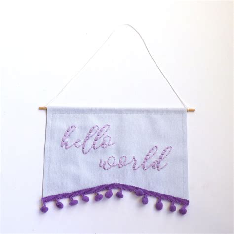 Hello World Purple Banner Embroidered Banner Wall Decor For Etsy