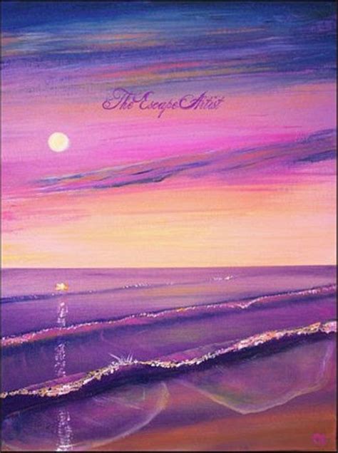 Pink And Purple Beach Sunset Painting Moon And Beach