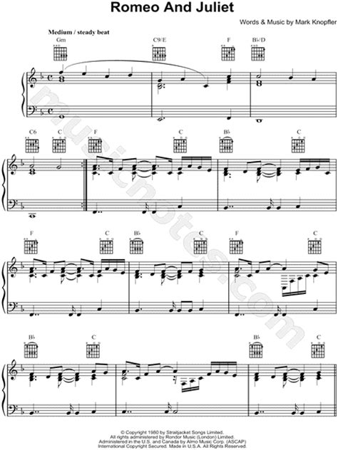 Guitar chords, ukulele chords, guitar tabs. Dire Straits "Romeo and Juliet" Sheet Music in F Major ...