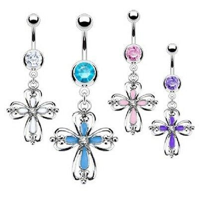 L Surgical Steel Epoxy Centered Cz Heart Cross Dangle Navel Belly
