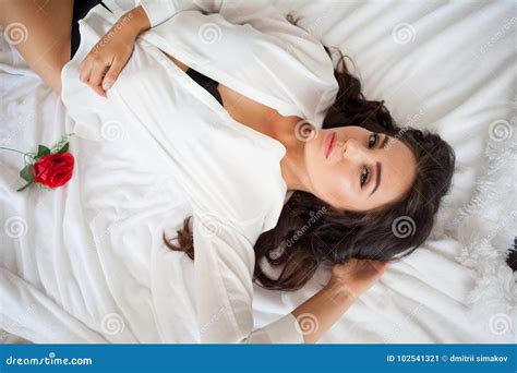 Girl In Lingerie Lying On A Bed With A Rose Stock Image Image Of Glamour Girl 102541321