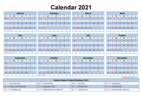 Free Printable Yearly 2021 Calendar With Holidays As Word Pdf